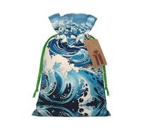 Linen-Style Xmas Pouches Favor Pouches, Christmas Treat Bags Wrap, Ukiyo-e style waves Print Reusable Bags M