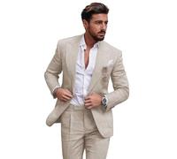 Linen Suit for Men 2 Pieces Slim Fit Casual Suits Groomsmen Tuxedos Wedding Party Blazer Pants Set, Beige, 46