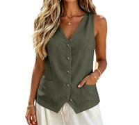 Linen Suit Vest Women Summer Sleeveless V Neck Button-Down Asymmetrical Hem Business Casual Office Work Waistcoat Job Interview Clothes for Women with Pockets