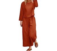 Linen Suit Women's Elegant Leisure Suit 2-piece Oversize Two-piece Suit Women's Pants and Top Leisure Suit Plain Women's Casual House Suit Two-piece Pants Suit Overall (Color : Orange, Size : S)
