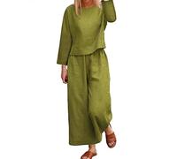 Linen Suit Women's Elegant Leisure Suit 2-piece Oversize Two-piece Suit Women's Pants and Top Leisure Suit Plain Women's Casual House Suit Two-piece Pants Suit Overall (Color : Green, Size : S)