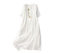 Linen Summer Dresses for Women UK Retro Solid Floral Printed Dresses Round Neck Short Sleeve Vintage Embroidery Lace-up Dress Tunic Slim Mini Dress Party Elegant Swing Dresses Beach Casual Dress