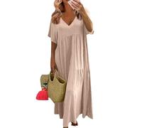 Linen Summer Dresses for Women UK Shift Casual Oversized Solid Color V Neck Short Sleeve Cotton Maxi Dress with Big Hemline Black (Khaki, 3XL)