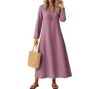 Linen Summer Dresses for Women UK White Dress Womens Classic Flowy Solid Color Long Sleeve V Neck Cotton Maxi with Hemline Size 18 (Wine, L)