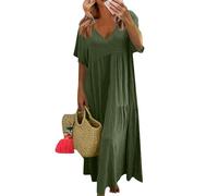 Linen Summer Dresses for Women UK Womens Casual Oversized Solid Color V Neck Short Sleeve Cotton Maxi Dress with Big Hemline Plus Size (Army Green, L)