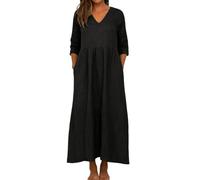 Linen Summer Dresses for Women UK Women's Dress Plus Size Boho Oversized Flowy Solid Color 3/4 Sleeve V Neck Cotton Maxi with Pockets Curvy (Dark Green, M)