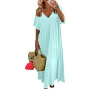 Linen Summer Dresses for Women UK Womens Womans Casual Oversized Solid Color V Neck Short Sleeve Cotton Maxi Dress with Big Hemline Sleeveless (Mint Green, 3XL)