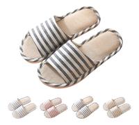Linen Summer Slippers Women Stripe Slippers Couple Home Sliders Unisex Striped Sliders Silent House Slides For Outdoor Bedroom Open Toe Indoor Slides Lightweight Anti-Slip Slide For Women Men