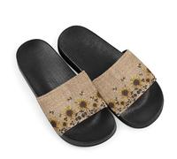 Linen Sunflower Bees Novelty Sunflowers Pattern Slide Sandals for Women Girls, Comfotable Open Toe Non Slip Single Band Slide Sandals