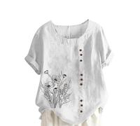 Linen T Shirt for Women UK Plus Size Elegant Cotton Rolled Short Sleeve Floral Shirts Dandelion Graphic T-Shirt Casual Summer Tee Lagenlook Tunic Tops Ladies Blouses Clearance