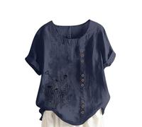 Linen T Shirt for Women UK Plus Size Elegant Cotton Rolled Short Sleeve Floral Shirts Dandelion Graphic T-Shirt Casual Summer Tee Lagenlook Tunic Tops Ladies Blouses Sale Clearance