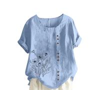 Linen T Shirt for Women UK Plus Size Elegant Cotton Rolled Short Sleeve Floral Shirts Dandelion Graphic T-Shirt Casual Summer Tee Lagenlook Tunic Tops Ladies Blouses Sale Clearance