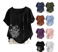 Linen T Shirt for Women UK Plus Size Elegant Cotton Rolled Short Sleeve Floral Shirts Dandelion Graphic T-Shirt Casual Summer Tee Lagenlook Tunic Tops Ladies Blouses Sale Clearance