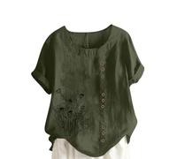 Linen T Shirt for Women UK Plus Size Elegant Cotton Rolled Short Sleeve Floral Shirts Dandelion Graphic T-Shirt Casual Summer Tee Lagenlook Tunic Tops Ladies Blouses Clearance