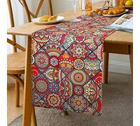 Linen Table Runner 33 X 183cm Boho Mandala Flower Geometric Stripe Tribal Vintage Coffee Table Runner Bohemian Style Orange Dining Table Bedside for Everyday Use Colorful Red
