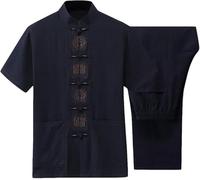 Linen Tai Chi Set Tangzhuang Kung Fu Shirt Suit Short Sleeve Chinese Botton Elastic Waist Pants Sets Chinese Traditional Clothing Tang Suit for Men Men's Cotton Kung Fu Coats
