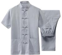 Linen Tai Chi Set Tangzhuang Kung Fu Shirt Suit Short Sleeve Chinese Botton Elastic Waist Pants Sets Chinese Traditional Clothing Tang Suit for Men Men's Cotton Kung Fu Coats