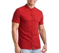 Linen Tang Suit Shirt for Men, Traditional Frog Button Closure, Retro Mandarin Collar Short Sleeve Kung Fu Hanfu Tops(Red, XL)