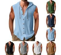 Linen Tank Hoodies for Men UK Plain Sleeveless Vest Workout Gym Pullover Button Down Hooded Tank Tops Fitness Muscle T Shirts Summer Sweatshirt Lightweight Hip Hop Hoodie Running Hooded Shirt