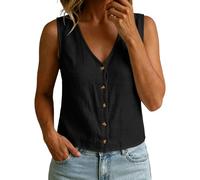 Linen Tank Tops for Women Cotton Summer Sleeveless Loose Cropped Vest V Neck Button Down T-Shirts Ladies Fashion Crop Top Simple Basic Work Office Plain Vests Business Casual Outfits Black