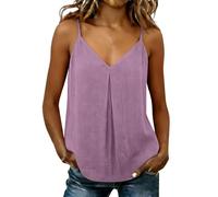 Linen Tank Tops for Women UK Sleeveless V-Neck Spaghetti Strap Solid Basic Camisole Vest Tops Loose Summer Fashion 2026 Pleated Casual Swim Hem Hide Belly Maternity Clothes for Women Going Out Purple