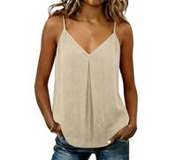 Linen Tank Tops for Women UK Sleeveless V-Neck Spaghetti Strap Solid Basic Camisole Vest Tops Loose Summer Fashion 2026 Pleated Casual Swim Hem Hide Belly Maternity Clothes for Women Going Out Beige
