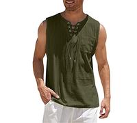 Linen Tank Tops, Mens Sleeveless Lightweight Slim Fit Beach Top Vests, Summer Casual Drawstring Lace-Up Henley Shirt with Pocket, Linen Vest Solid Color Fitness Muscle Tank Top, Beach Hippie Tops