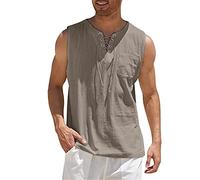 Linen Tank Tops, Mens Sleeveless Lightweight Slim Fit Beach Top Vests, Summer Casual Drawstring Lace-Up Henley Shirt with Pocket, Linen Vest Solid Color Fitness Muscle Tank Top, Beach Hippie Tops
