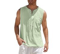 Linen Tank Tops, Mens Sleeveless Lightweight Slim Fit Beach Top Vests, Summer Casual Drawstring Lace-Up Henley Shirt with Pocket, Linen Vest Solid Color Fitness Muscle Tank Top, Beach Hippie Tops