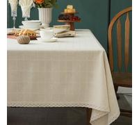 Linen Textured Rectangle/Oblong Tablecloth with Lace Trim Yarn-dyed Purl StripeTable Cover for Buffet Banquet Parties Event Holiday Farmhouse Kitchen Dining Table Cloth Decor (Plaid, 55x84 in)