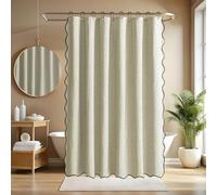Linen Textured Waterproof Shower Curtain with Scalloped Design & Black Border 12 Metal Hooks Machine Washable Thick Fabric Bathroom Decor