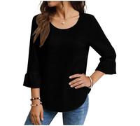Linen Top for Women UK Cotton Linen Shirts Ruffle 3/4 Sleeve Blouses Casual Loose Office Work Tee Shirt Oversized Solid Color T-Shirt Summer Holiday Going Out Top Tshirt Black