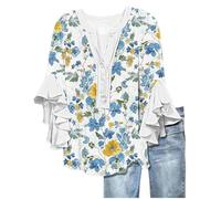 Linen Tops and Tunics Summer Tops for Women UK Fashion Floral Print Flowy Ruffle Sleeve Tunic Tunic Casual Loose Fit 3/4 Length Sleeves Shirts Cat T Shirts for Women UK
