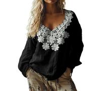 Linen Tops for Women Oversized Bohemian Embroidered Tops Fall Long Sleeve Vintage Loose Elegant Blouses Ladies Beach Leisure Hippie Clothes Retro Floral Pattern Tunics L, Black Style#3