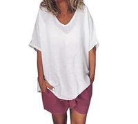 Linen Tops for Women Plus Size Blouse Summer Long/Short Sleeve T-Shirts Ladies Solid Colour Oversized Casual Tunic S-5XL KaloryWee C-White