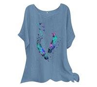 Linen Tops for Women UK 2025 Short Sleeve Crew Neck Floral Geometric Printed T Shirts Casual Loose Comfy Plus Size Pullover Blouses (F-Blue, XXL)