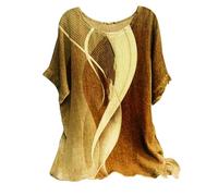 Linen Tops for Women UK 2025 Short Sleeve Crew Neck Floral Geometric Printed T Shirts Casual Loose Comfy Plus Size Pullover Blouses (A-Yellow, L)