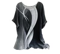 Linen Tops for Women UK 2025 Short Sleeve Crew Neck Floral Geometric Printed T Shirts Casual Loose Comfy Plus Size Pullover Blouses (A-Black, L)