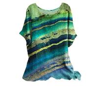 Linen Tops for Women UK 2025 Short Sleeve Crew Neck Floral Geometric Printed T Shirts Casual Loose Comfy Plus Size Pullover Blouses (J-Green, M)