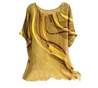 Linen Tops for Women UK 2025 Short Sleeve Crew Neck Floral Geometric Printed T Shirts Casual Loose Comfy Plus Size Pullover Blouses (H-Yellow, XXL)
