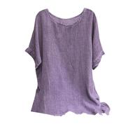 Linen Tops for Women UK 2025 Short Sleeve Crew Neck Floral Geometric Printed T Shirts Casual Loose Comfy Plus Size Pullover Blouses (D-Purple, M)