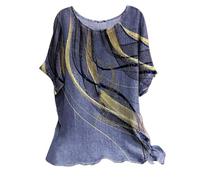 Linen Tops for Women UK 2025 Short Sleeve Crew Neck Floral Geometric Printed T Shirts Casual Loose Comfy Plus Size Pullover Blouses (H-Blue, XXL)