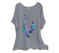 Linen Tops for Women UK 2025 Short Sleeve Crew Neck Floral Geometric Printed T Shirts Casual Loose Comfy Plus Size Pullover Blouses (F-Grey, XL)