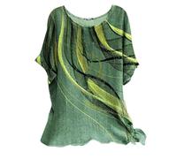 Linen Tops for Women UK 2025 Short Sleeve Crew Neck Floral Geometric Printed T Shirts Casual Loose Comfy Plus Size Pullover Blouses (H-Green, XL)