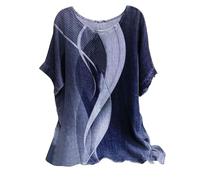 Linen Tops for Women UK 2025 Short Sleeve Crew Neck Floral Geometric Printed T Shirts Casual Loose Comfy Plus Size Pullover Blouses (A-Blue, XL)