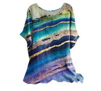 Linen Tops for Women UK 2025 Short Sleeve Crew Neck Floral Geometric Printed T Shirts Casual Loose Comfy Plus Size Pullover Blouses (J-Blue, L)