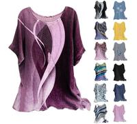 Linen Tops for Women UK 2025 Short Sleeve Crew Neck Floral Geometric Printed T Shirts Casual Loose Comfy Plus Size Pullover Blouses (A-Purple, XXL)