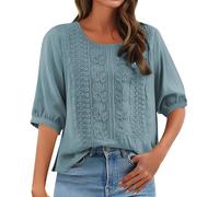 Linen Tops for Women UK 2025 Summer Plus Size 3/4 Sleeve Crewneck Tunic Blouse Elegant Retro Jacquard Embroidery Floral Print Shirts Ladies Casual Loose T Shirt (Blue, M)
