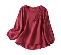 Linen Tops for Women UK 2025 Summer Plus Size 3/4 Sleeve Gypsy Tops for Women Crewneck Tunic Blouse Elegant Retro Jacquard Embroidery Floral Print Shirts Ladies Crochet Top Casual T Shirt(Red, XXXL)