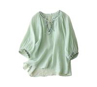 Linen Tops for Women UK 2025 Summer Plus Size 3/4 Sleeve Gypsy Tops for Women Crewneck Tunic Blouse Elegant Retro Jacquard Embroidery Floral Print Shirts Ladies Crochet Top Casual T Shirt(Green, XXXL)